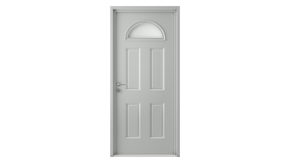 Porte d'entrée acier BRÉHAT Porte d'entrée classique blanche avec une demi-lune vitrée sur la partie haute